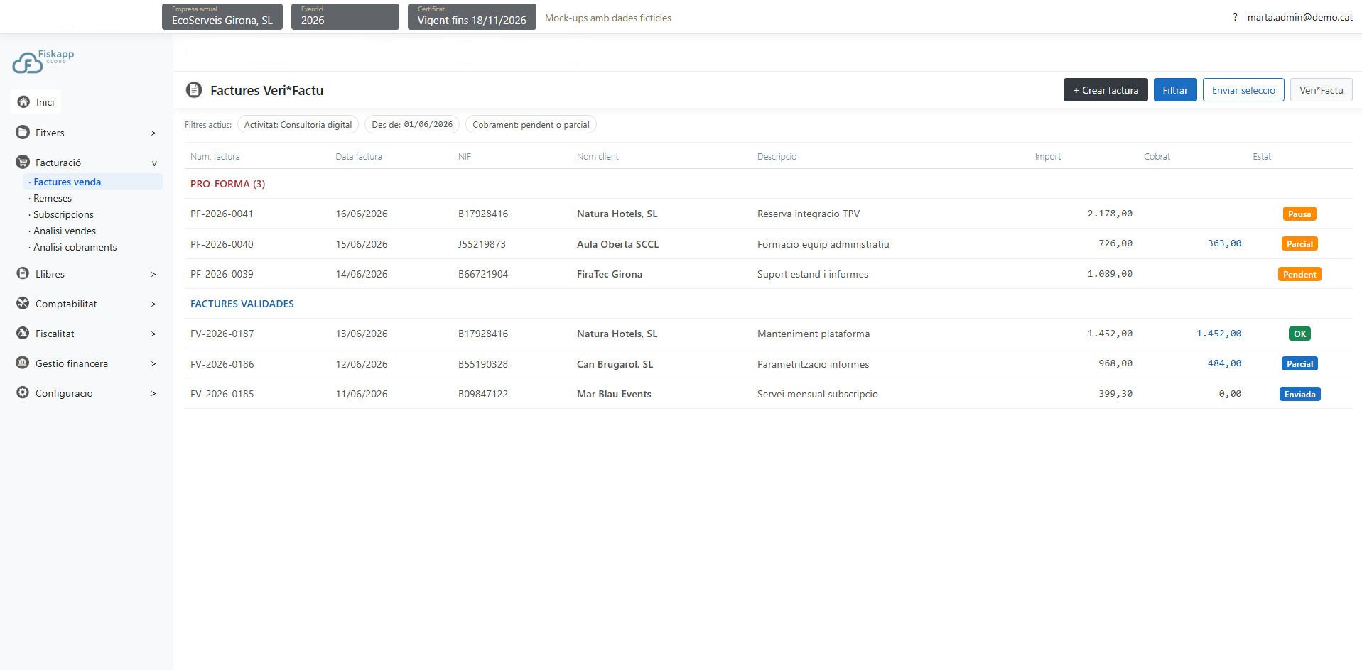 Pantalla de facturació VeriFactu de FiskAppCloud